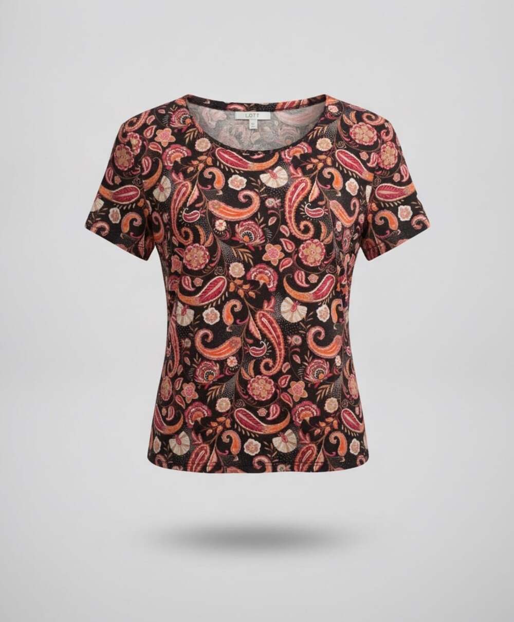 LOFT Paisley Print T-Shirt Size L Black Pink Floral Short Sleeve Top